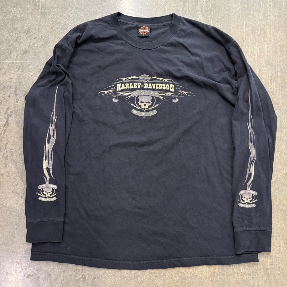Vintage Harley Davidson Albuquerque NM Skull Flame Long Sleeve Shirt Black 2XL